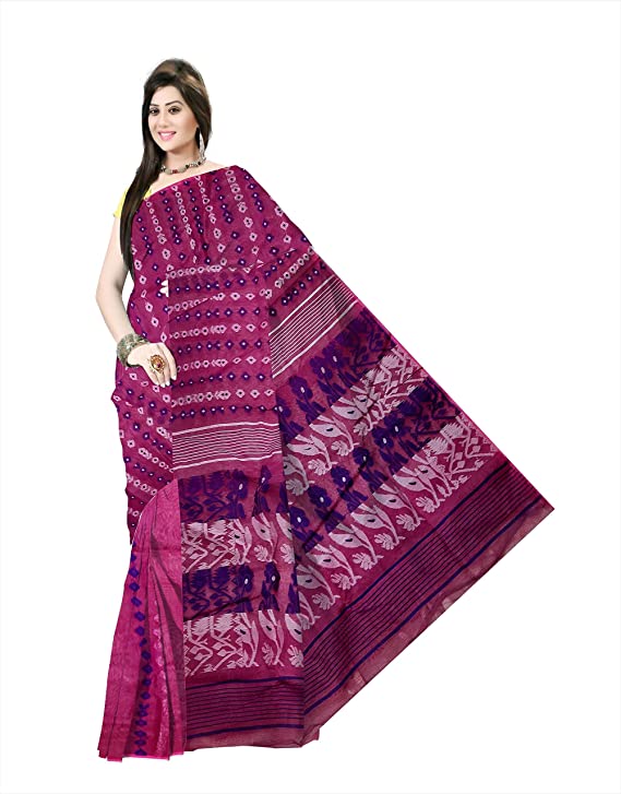 Pradip Fabrics Ethnic Women's Cotton Tant jamdani Magenta Color Saree