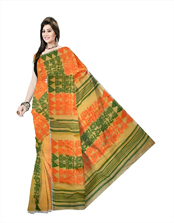 Pradip Fabrics Ethnic Women's Tant jamdani Mustard Color Saree