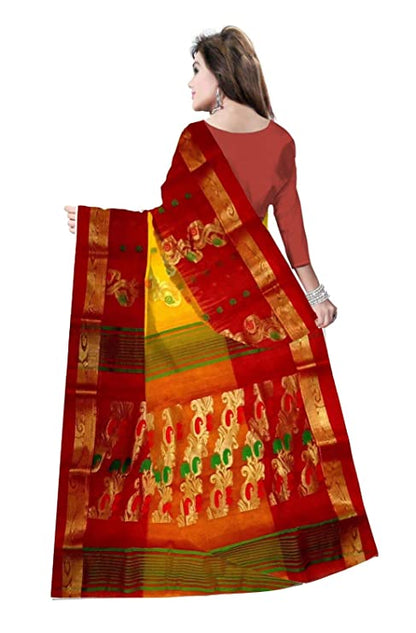 Pradip Fabrics Ethnic Women's Tant Silk White and Red Color Baluchuri Saree