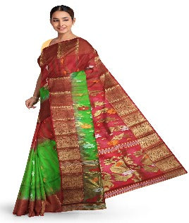 Pradip Fabrics Ethnic Women's Tant Silk Red and Green  Color Baluchuri  Saree