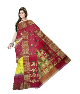 Pradip Fabrics Woven Tant Silk Yellow & Red Color Small Boat And Flower Buti Work Saree