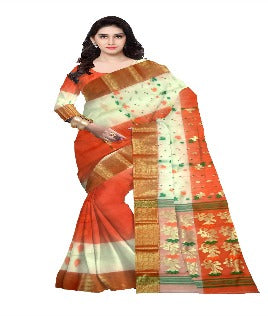 Pradip Fabrics Woven Tant Silk Yellow & Red Color Small Boat And Flower Buti Work Saree