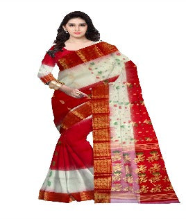 Pradip Fabrics Woven Tant Silk Yellow & Red Color Small Boat And Flower Buti Work Saree