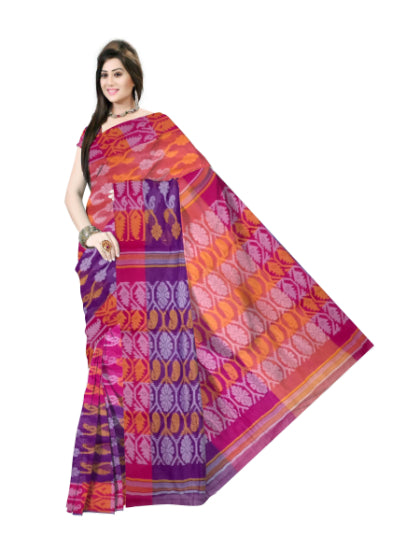 Pradip Fabrics Woven Tant Cotton All Over Dhakai Jamdani Pink Blue , Yellow Tri Color Saree