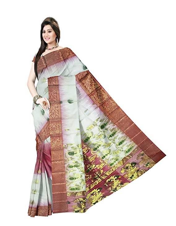 Pradip Fabrics Ethnic Women's Tant Silk Red and White Color Saree