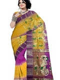 Pradip Fabrics Ethnic Womans Bengali Tant Silk Purple and Yellow Color Sare