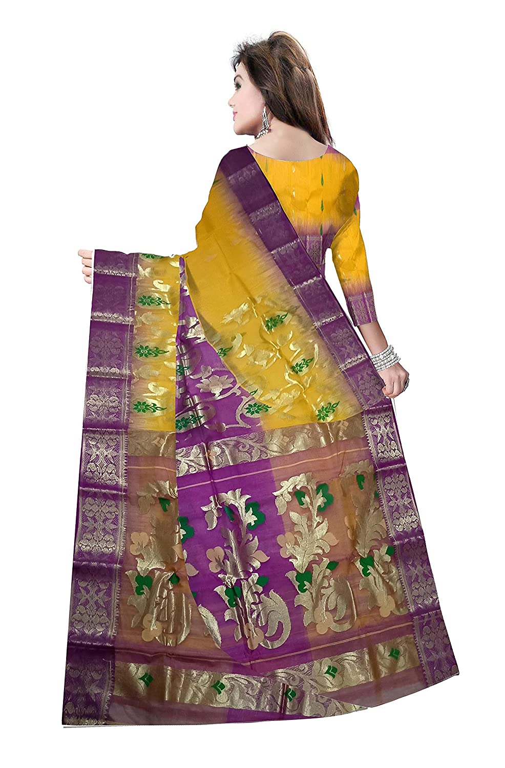 Pradip Fabrics Ethnic Womans Bengali Tant Silk Purple and Yellow Color Sare