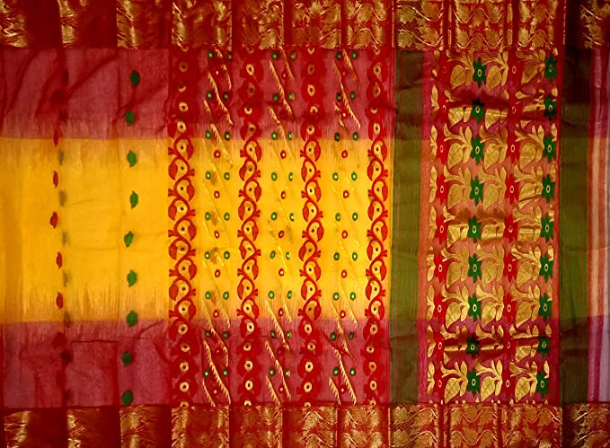 Pradip Fabrics Ethnic Women's Tant Silk Red and Yellow Color Baluchuri Saree