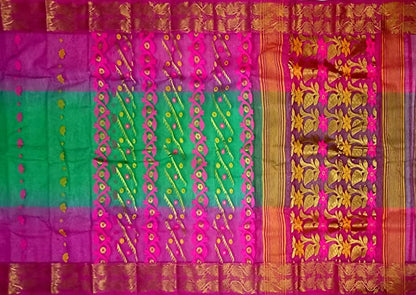 Pradip Fabrics Ethnic Women's Tant Silk Pink and Green Color Baluchuri Saree