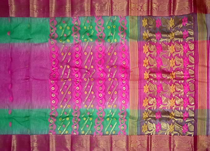 Pradip Fabrics Ethnic Women's Tant Silk Pink and Green Color Baluchuri Saree