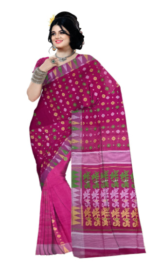 Pradip Fabrics Ethnic Women's Tant Cotton Silk Gap Dhakai Jamdani Purple Color Saree