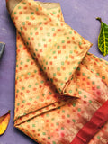 Pradip Fabrics Woven Tant All Over Dhakai Jamdani Yellow and Red Color Saree