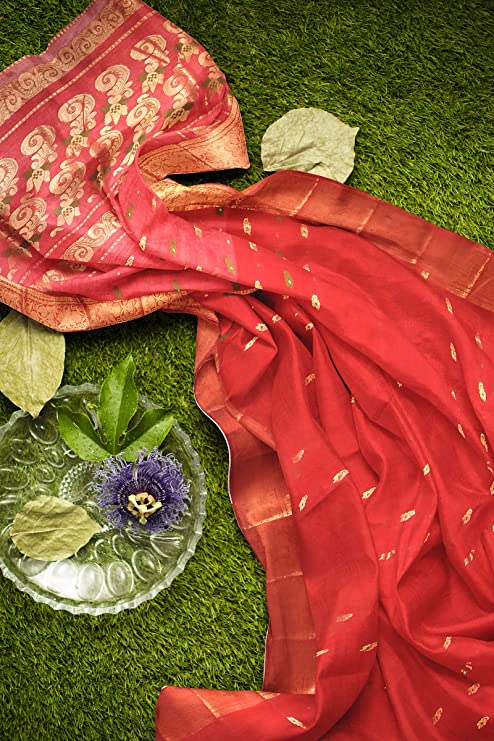 Pradip Fabrics Woven Tant Cotton Red Saree