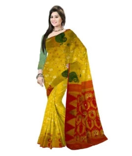 Pradip Fabrics Woven Tant Silk Gap Dhakai Jamdani Yellow Saree