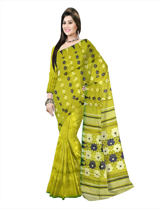 Pradip Fabrics Ethnic Women's Tant jamdani Yellow Green Color Saree