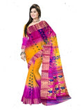 Pradip Fabrics Ethnic Women's Tant Silk Pink and Yellow Color Baluchari Saree