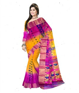 Pradip Fabrics Ethnic Women's Tant Silk Pink and Yellow Color Baluchari Saree