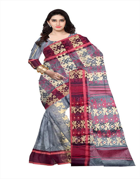 Pradip Fabrics Ethnic Women's Tant jamdani Ash Color Saree