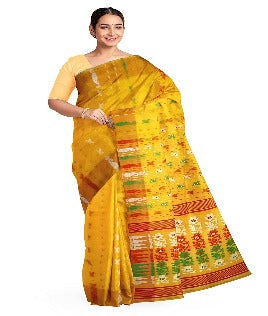 Pradip Fabrics Ethnic Women's Tant Jamdani Yellow Color Saree