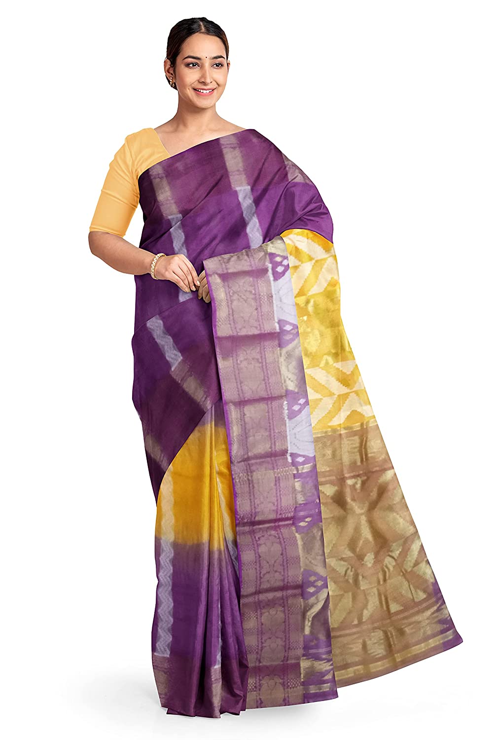 Pradip Fabrics Yellow and Purple Tant Silk Blend Saree