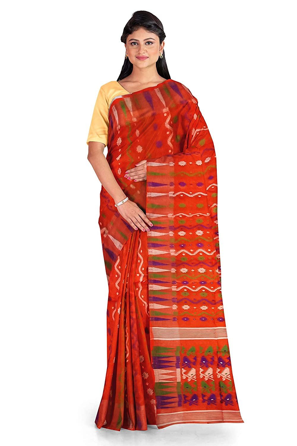 Pradip Fabrics Ethnic Women's Tant Jamdani Dark Orange Color Saree