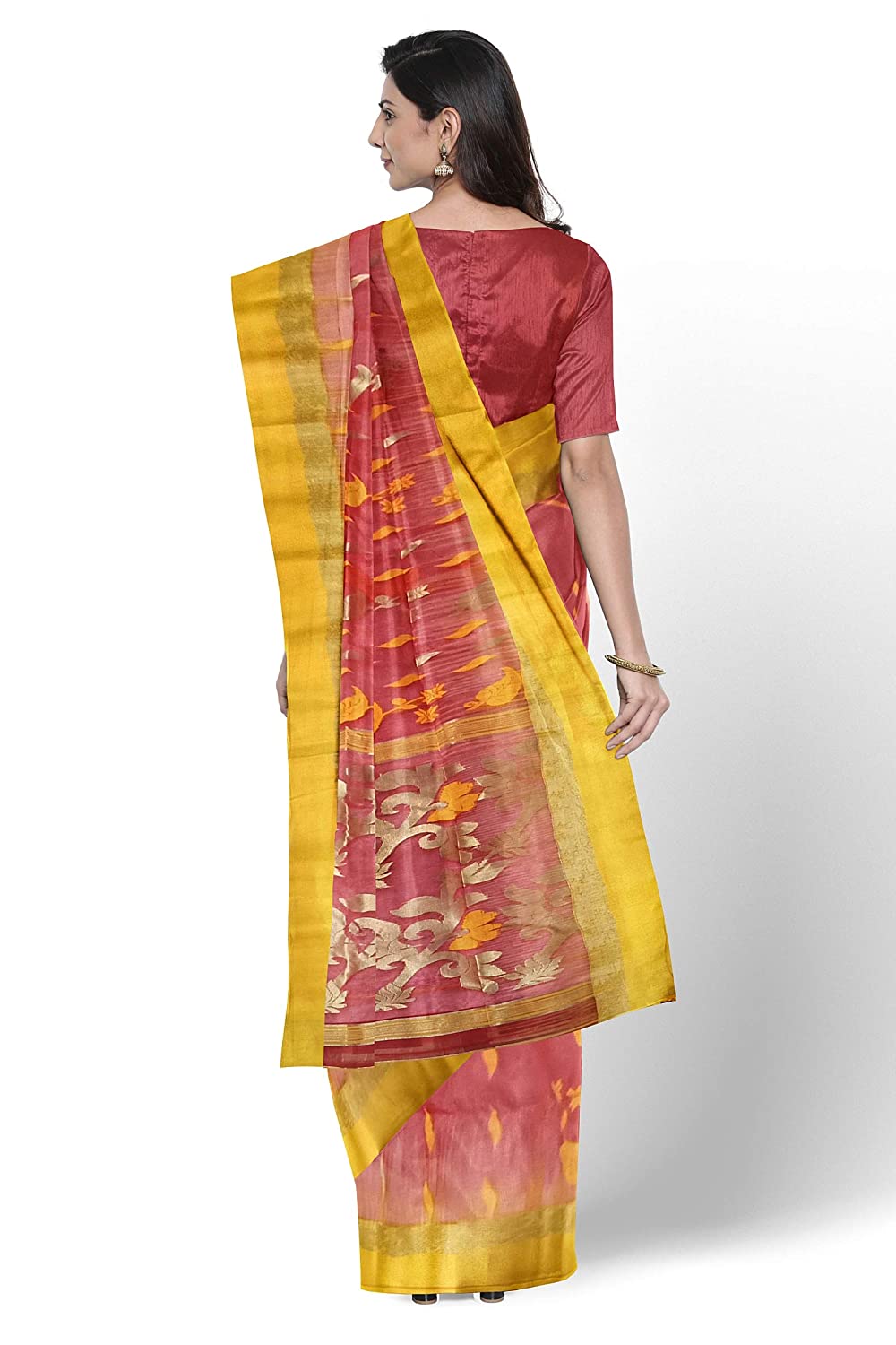 Pradip Fabrics Woven Tant Silk Blend Yellow and Red Baluchuri Saree