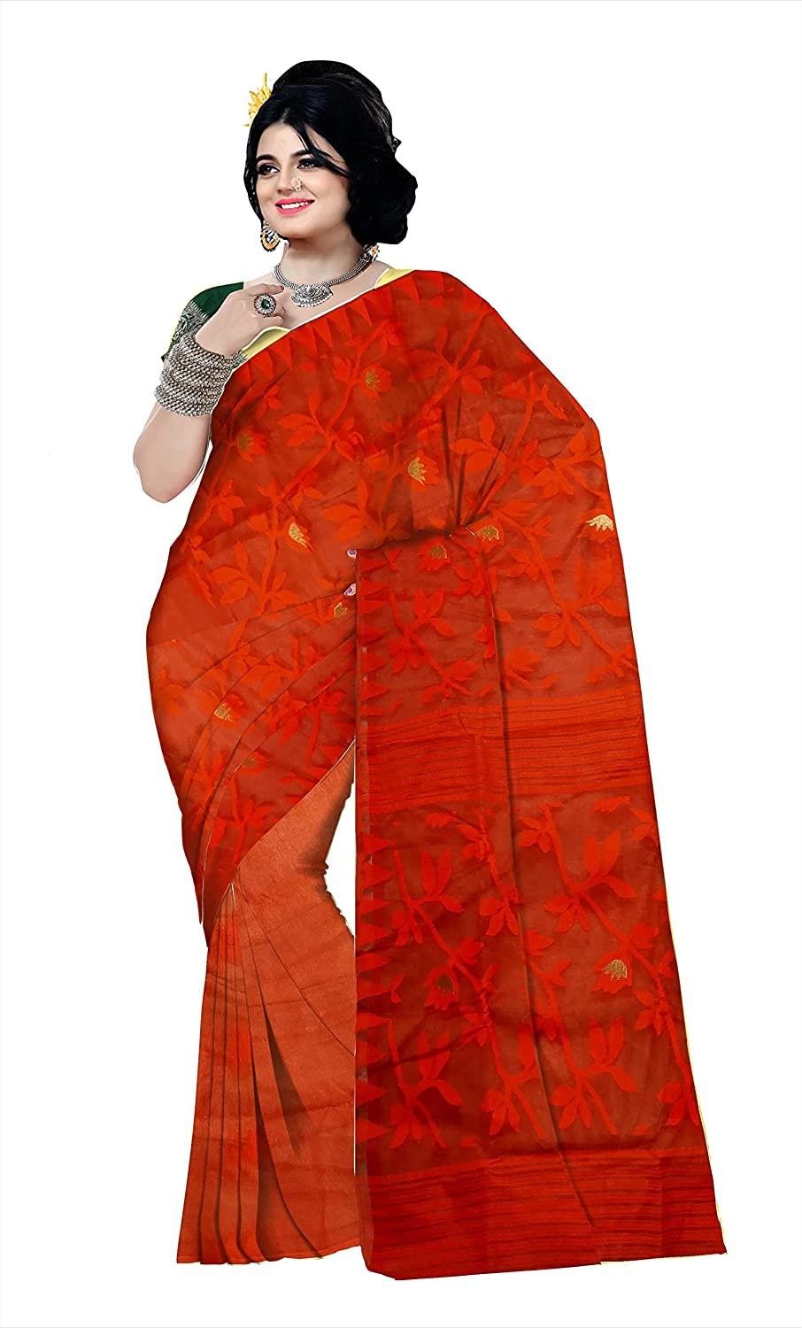 Pradip Fabrics Ethnic Women's  Tant jamdani  Red Color Saree