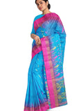Pradip Fabrics Woven Tant Silk Blend Light Blue and Pink Baluchari Saree