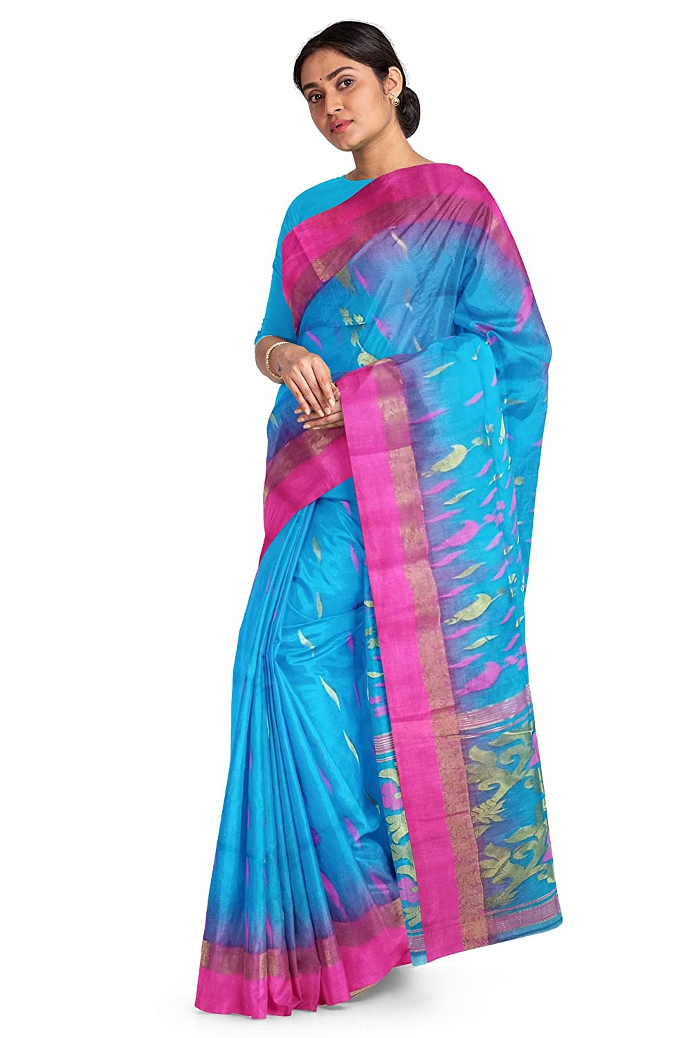 Pradip Fabrics Woven Tant Silk Blend Light Blue and Pink Baluchari Saree