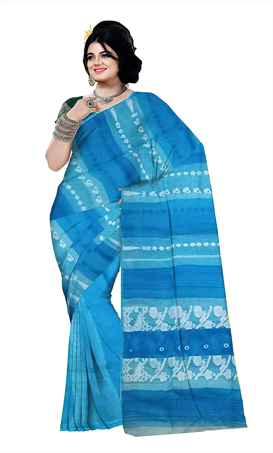 Pradip Fabrics Ethnic Women's Cotton Tant Gap Jamdani Sky Blue Color Saree