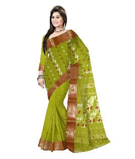 Pradip Fabrics Ethnic Women's Tant Cotton Olive Blue Color Saree