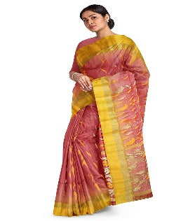 Pradip Fabrics Woven Tant Silk Blend Yellow and Red Baluchuri Saree
