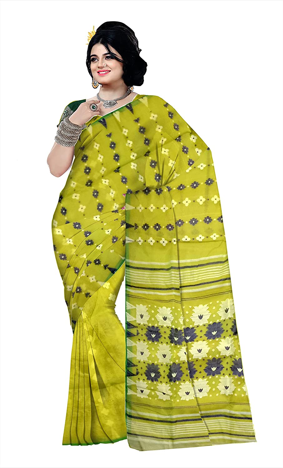 Pradip Fabrics Ethnic Women's Tant jamdani Yellow Green Color Saree