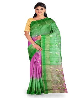 Pradip Fabrics Ethnic Women's Tant Silk Green, Pink Color Saree