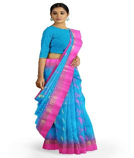 Pradip Fabrics Woven Tant Silk Blend Light Blue and Pink Baluchari Saree