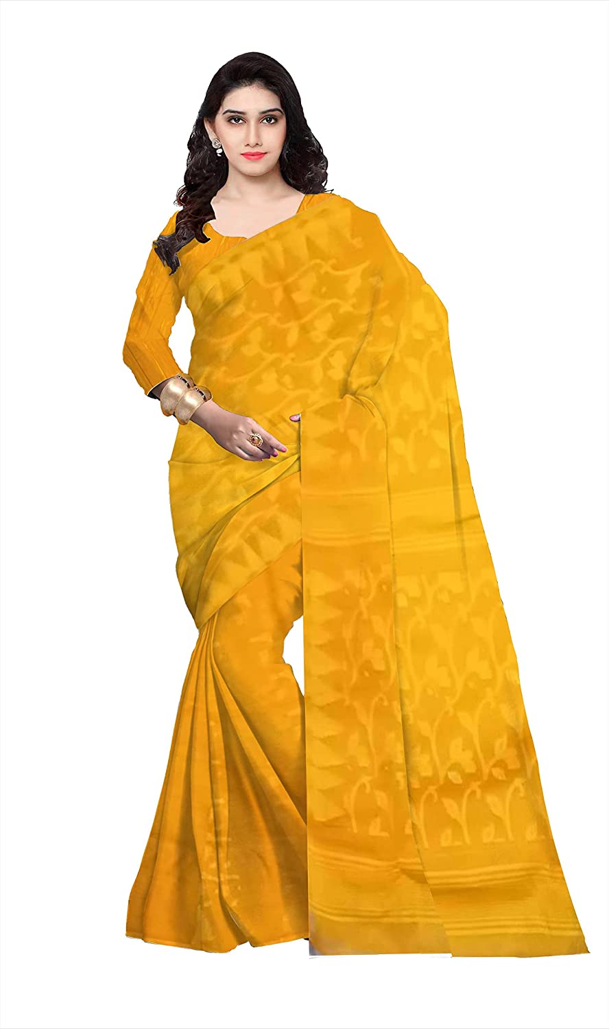 Pradip Fabrics Ethnic Women's Cotton Tant Gap Jamdani Yellow Color Saree