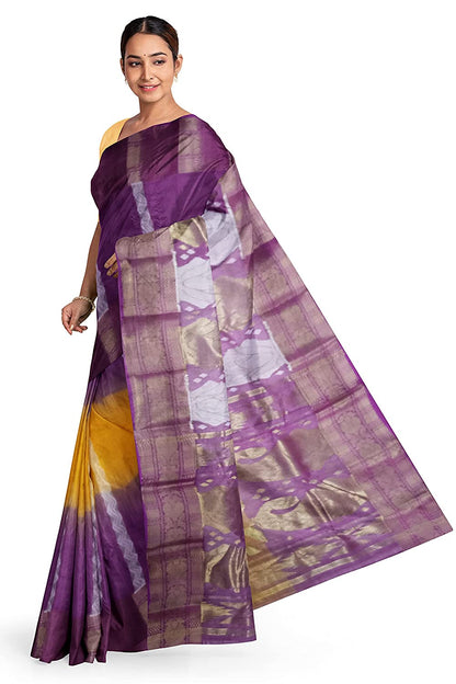 Pradip Fabrics Yellow and Purple Tant Silk Blend Saree