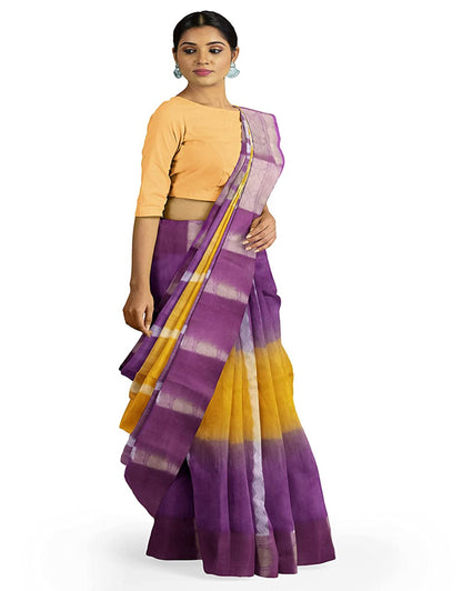 Pradip Fabrics Yellow and Purple Tant Silk Blend Saree