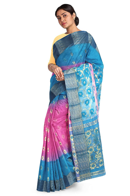 Pradip Fabrics Blue and Pink Tant Silk Blend Saree