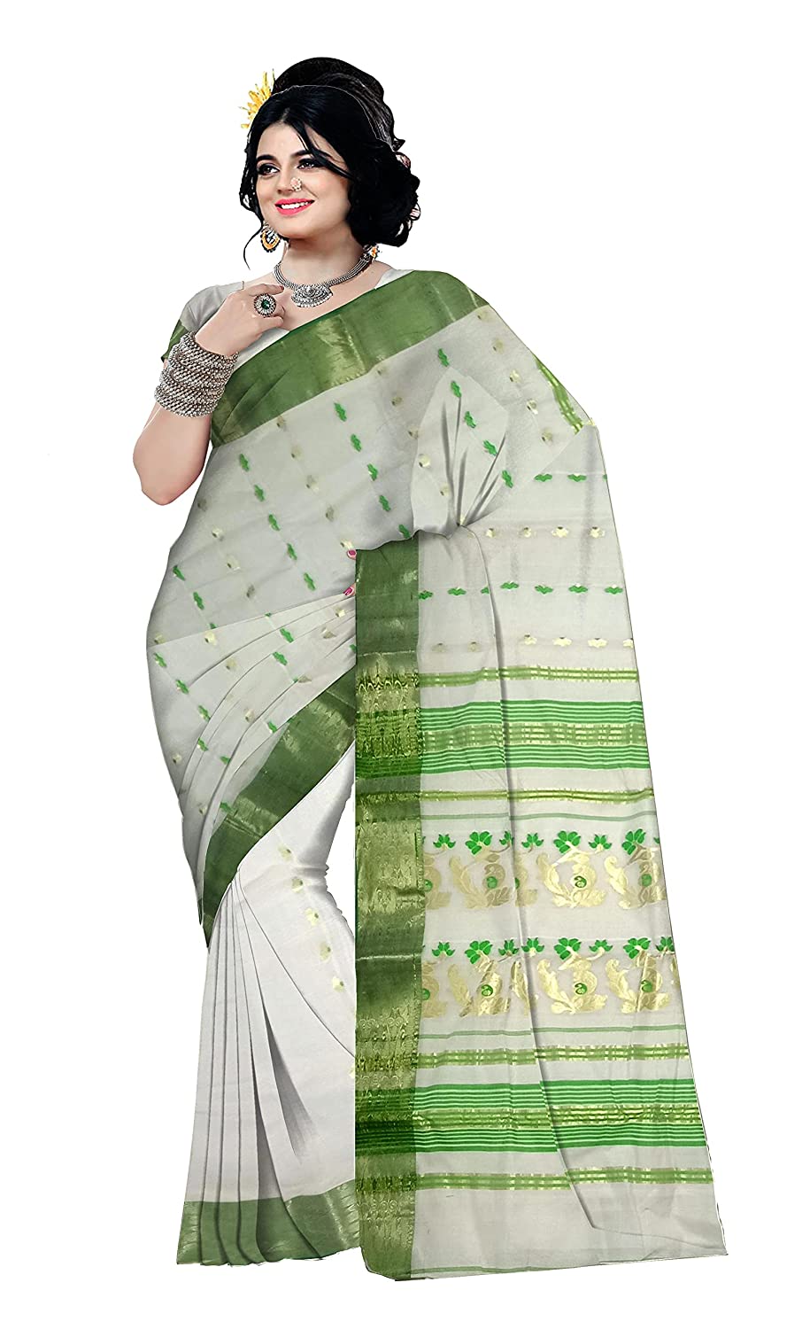 Pradip Fabrics Ethnic Women's Tant Cotton White Color Saree