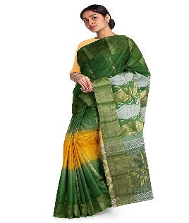 Pradip Fabrics Yellow and Green Tant Silk Blend Saree