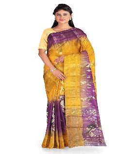 Pradip Fabrics Yellow and Purple Color Tant Silk Blend Saree