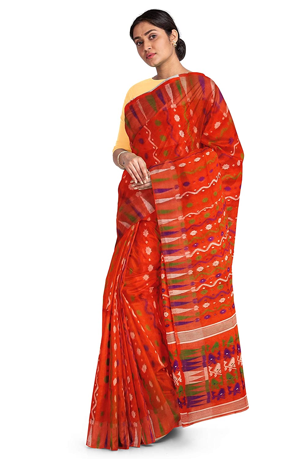 Pradip Fabrics Ethnic Women's Tant Jamdani Dark Orange Color Saree