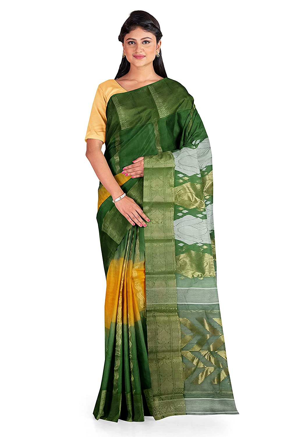 Pradip Fabrics Yellow and Green Tant Silk Blend Saree