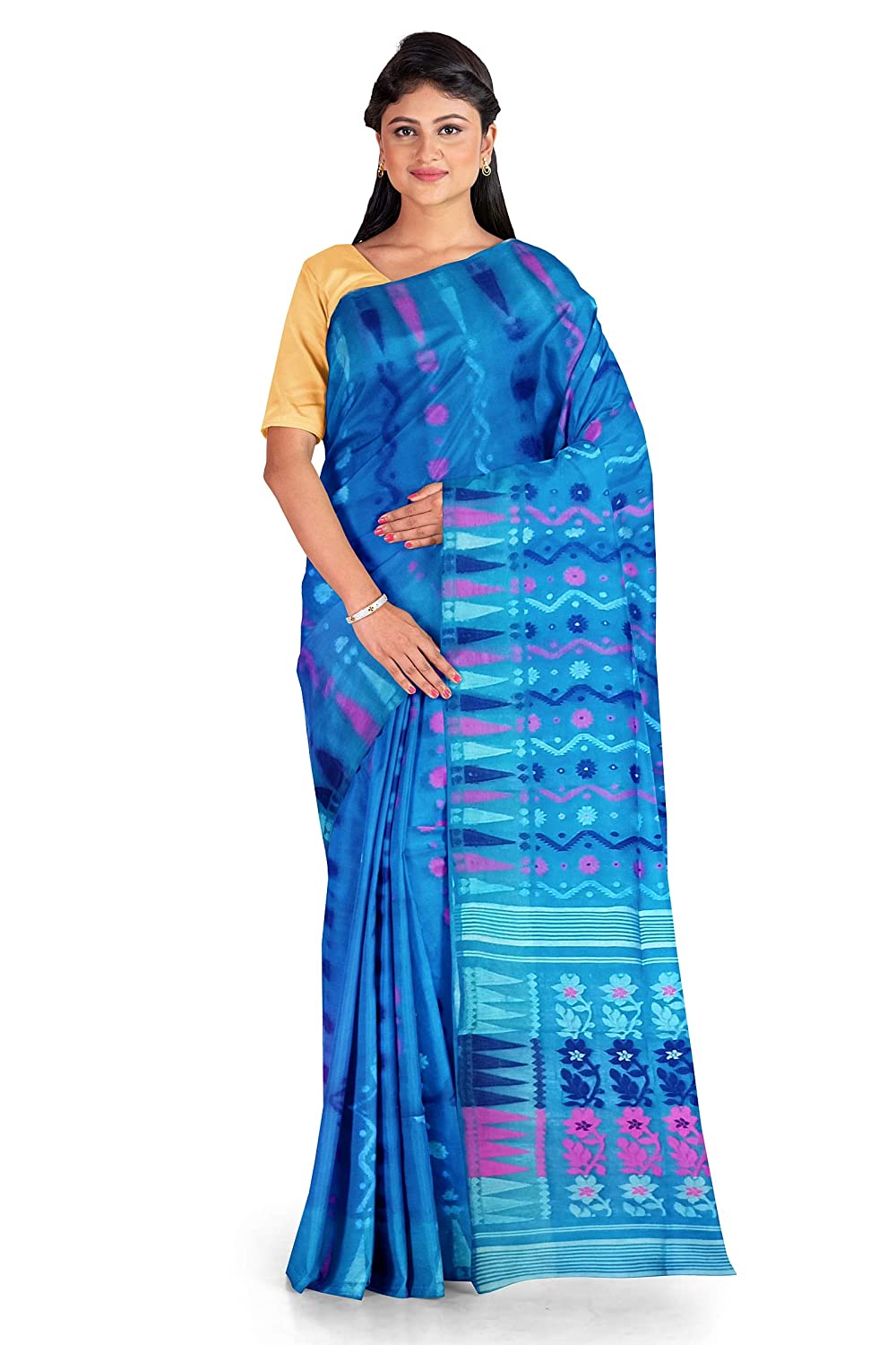 Pradip Fabrics Ethnic Women's Tant Jamdani Blue Color Saree