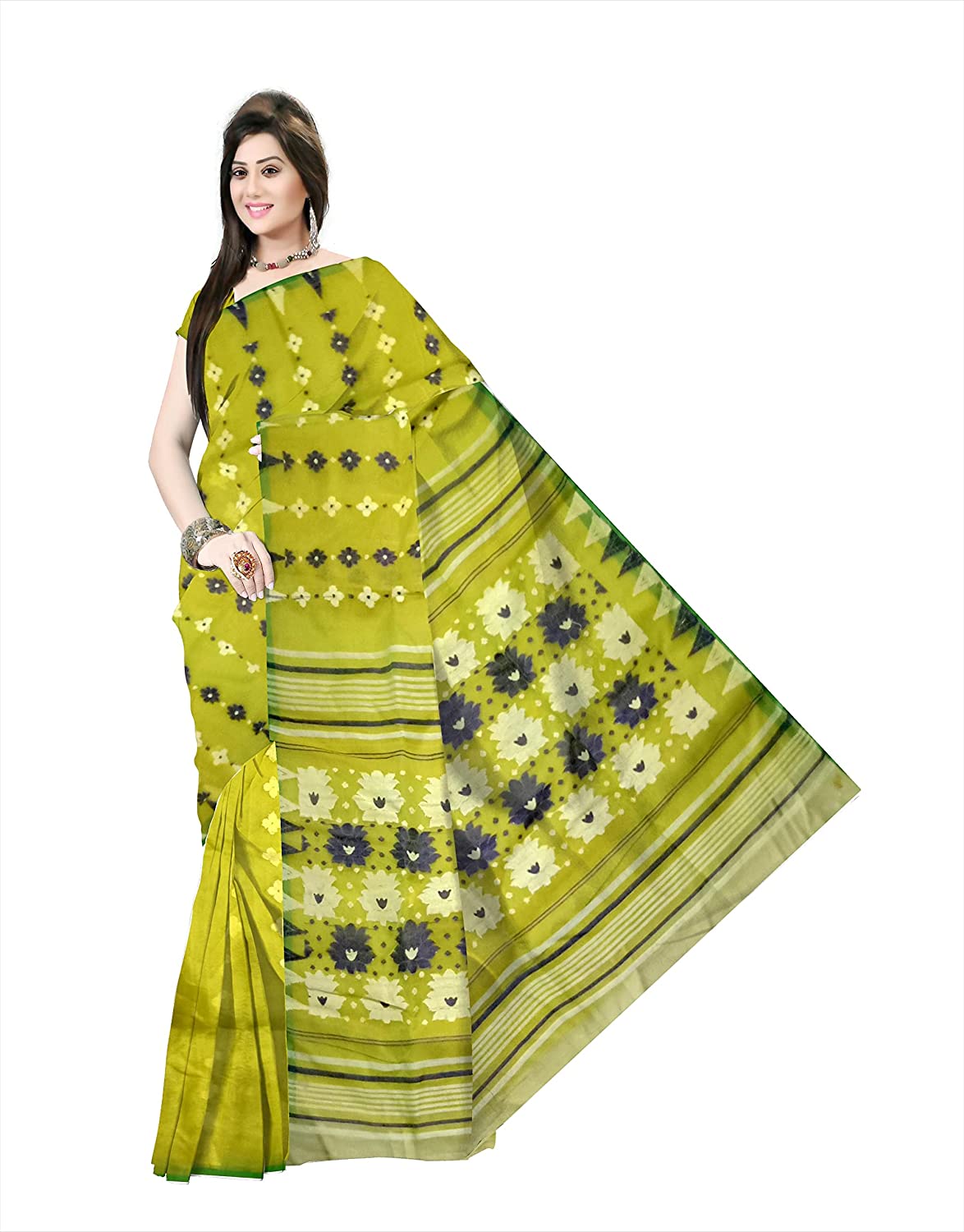 Pradip Fabrics Ethnic Women's Tant jamdani Yellow Green Color Saree