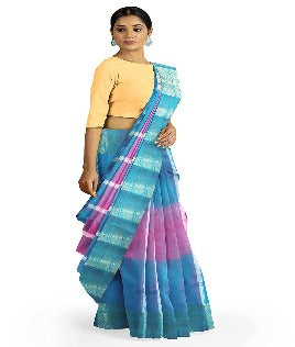 Pradip Fabrics Blue and Pink Tant Silk Blend Saree