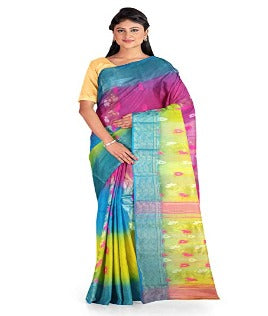 Pradip Fabrics Ethnic Women's Tant Silk Pink, Blue, and Yellow Sare