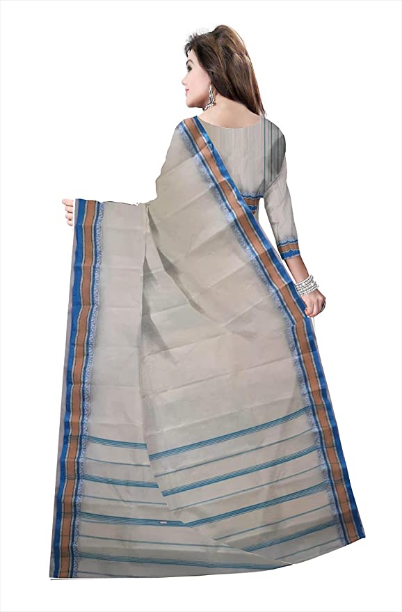 Pradip Fabrics Ethnic Women's Grey body and Blue Border Pure Tant Cotton Saree