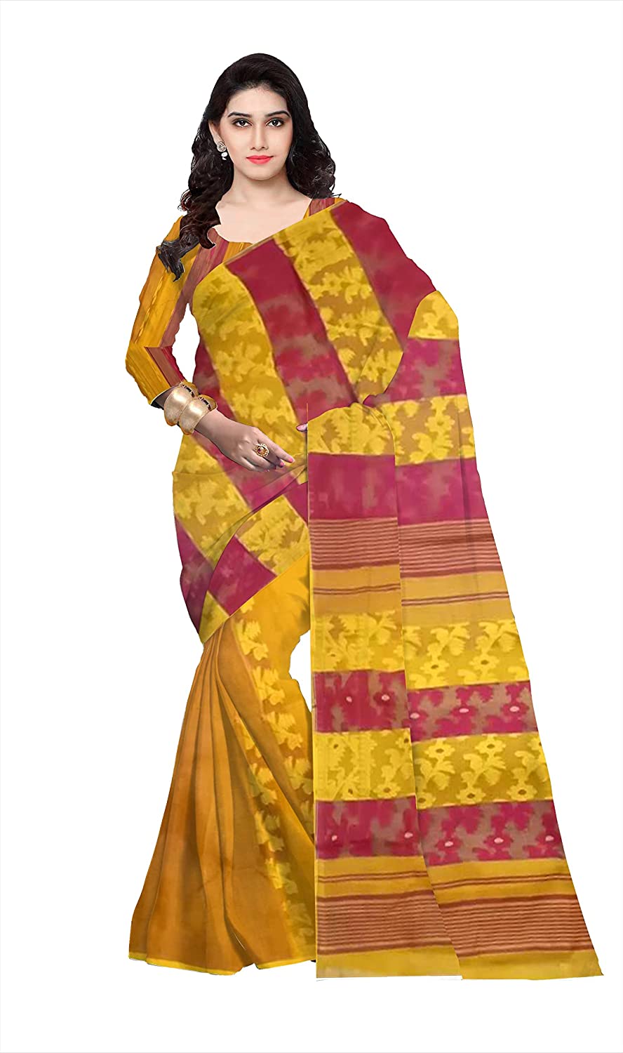 Pradip Fabrics Ethnic Women's Cotton Tant Gap Jamdani Yellow Color Saree